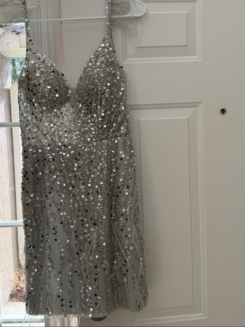 Gianni Bini Silver Sequin Mini Dress with Feather Straps